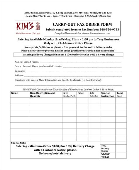 Restaurant Order Form Template