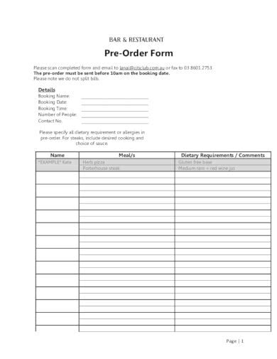 Restaurant Order Form Template