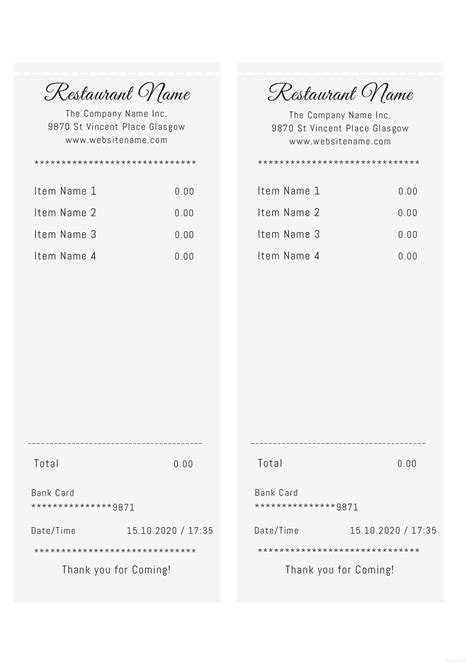 Restaurant receipt template in Microsoft Word