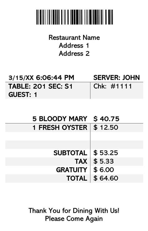 Restaurant Receipt Template Excel