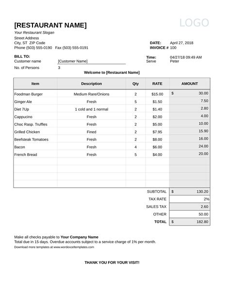 Restaurant Receipt Template PDF