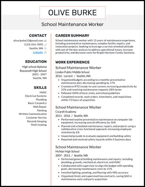 Resume Template for Maintenance Workers