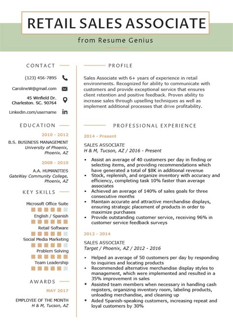 Retail Sales Resume Template Example 1