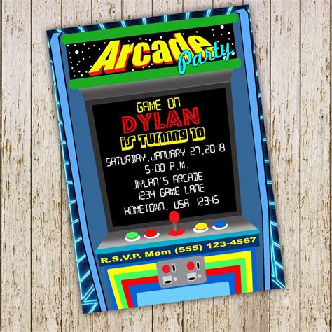 A retro arcade and movie night invitation featuring classic arcade games and movie elements.