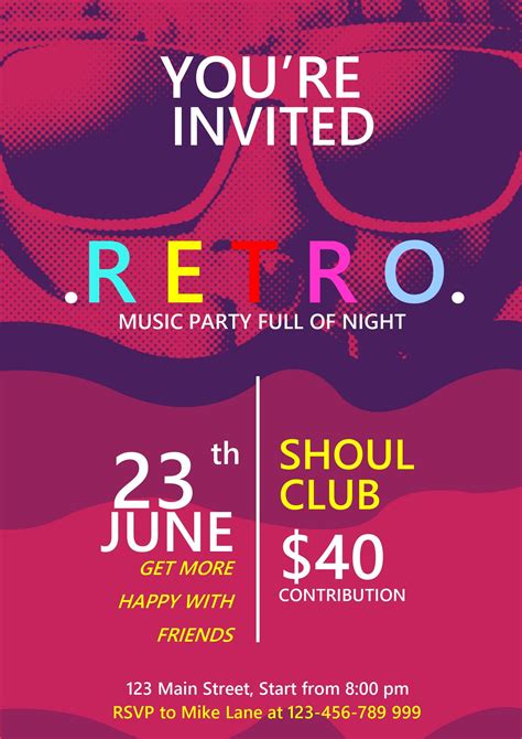 A retro funk invitation template with a colorful graphic design