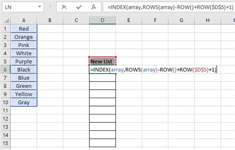 Reversing Row Order Using Formulas