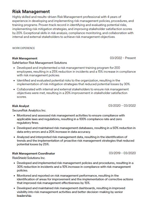 Risk Management Resume