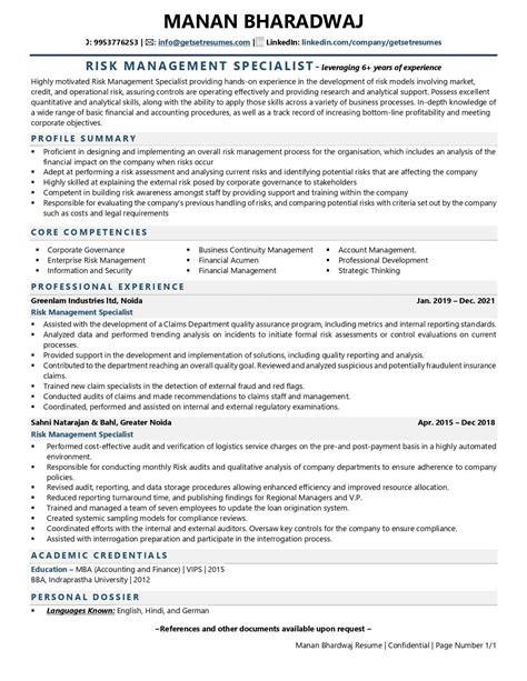 Risk Management Resume Template Sample