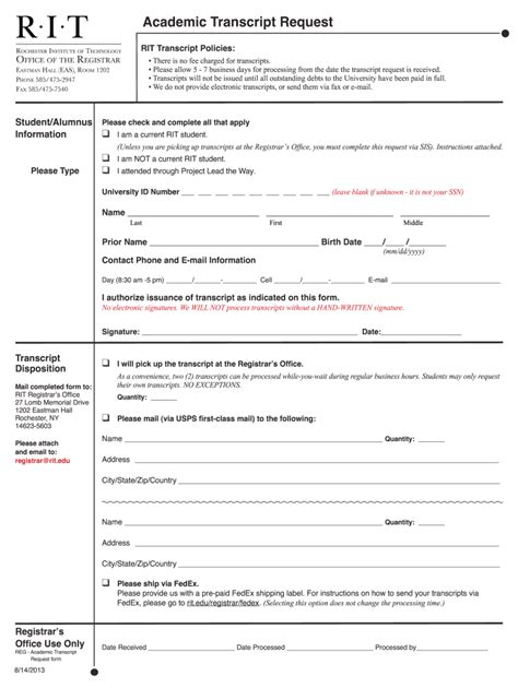 RIT Transcript Request Checklist