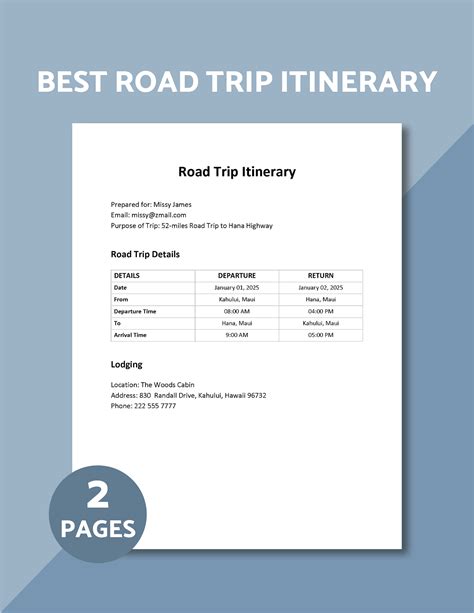 Road Trip Itinerary Template in Google Sheets