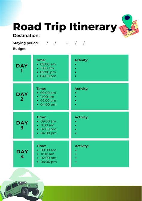 Road trip itinerary template