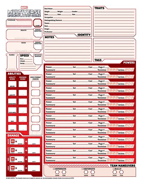 Role-playing game character sheet template