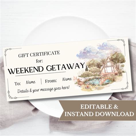 Romantic getaway gift certificate template