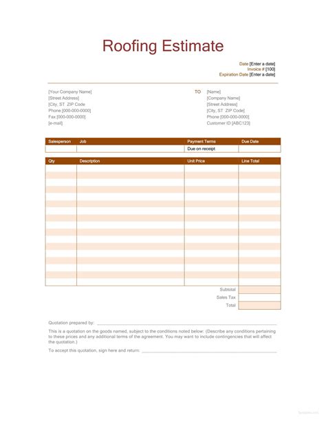 Roof Estimate Template Word