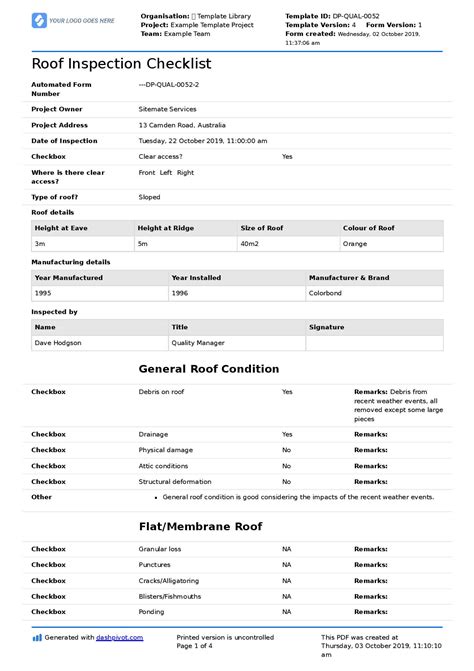 roof inspection report template example