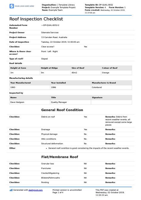 roof inspection report template pdf