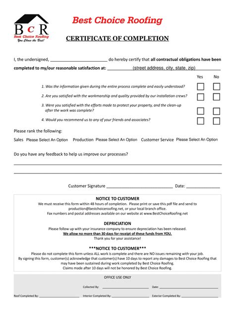 Roofing Certificate of Completion Form