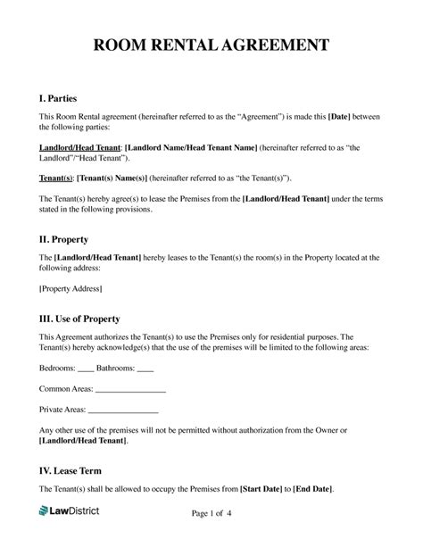 Room Rental Agreement Template 1