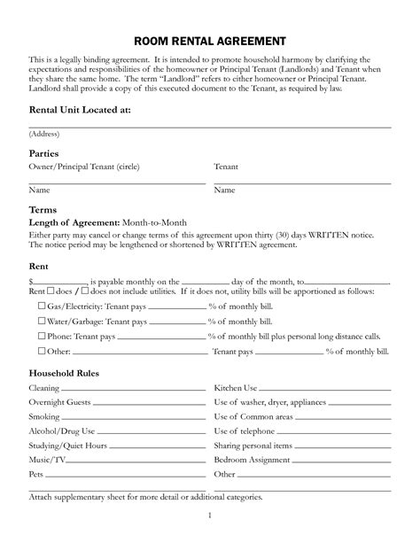 Room Rental Agreement Template Excel