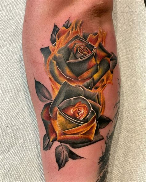 Rose in fire tattoo design