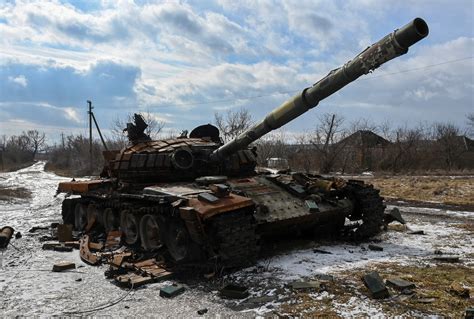 Russian tank destroyed by Ukrainian artillery