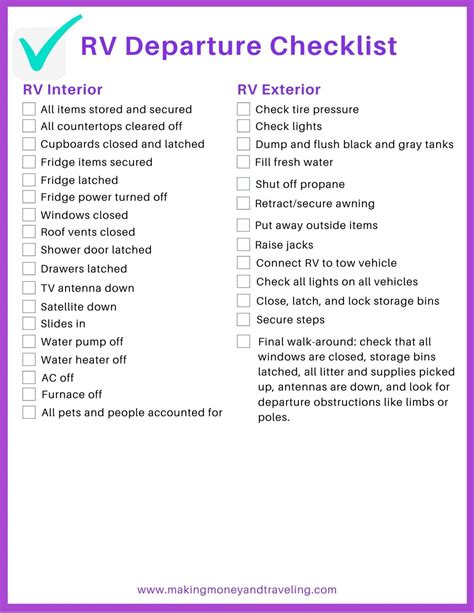 RV Departure Checklist Maintenance