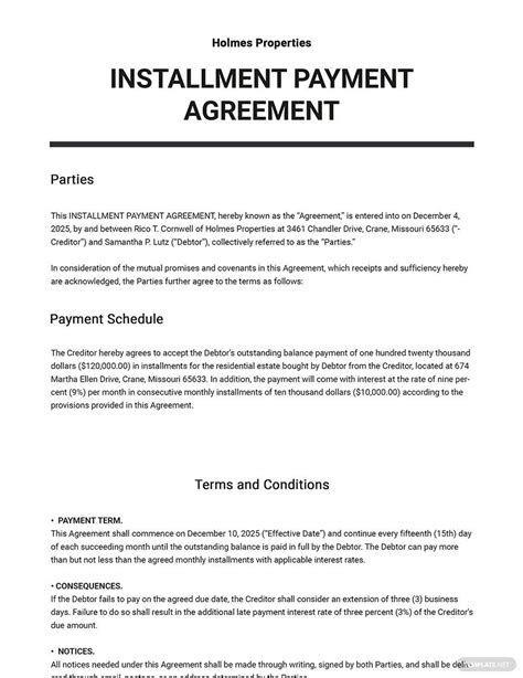 RV Installment Payment Contract Sample