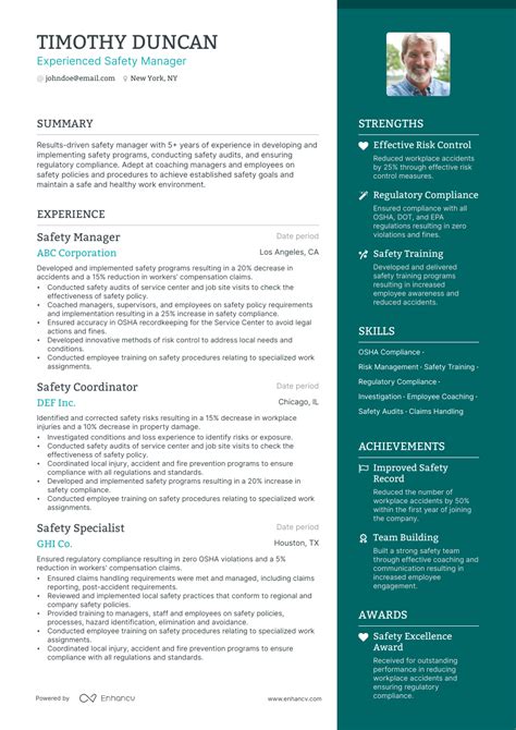 Safety Manager Resume Example