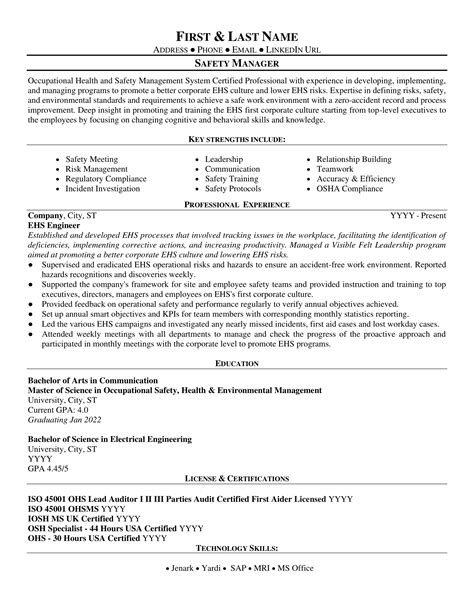 Safety Manager Resume Format