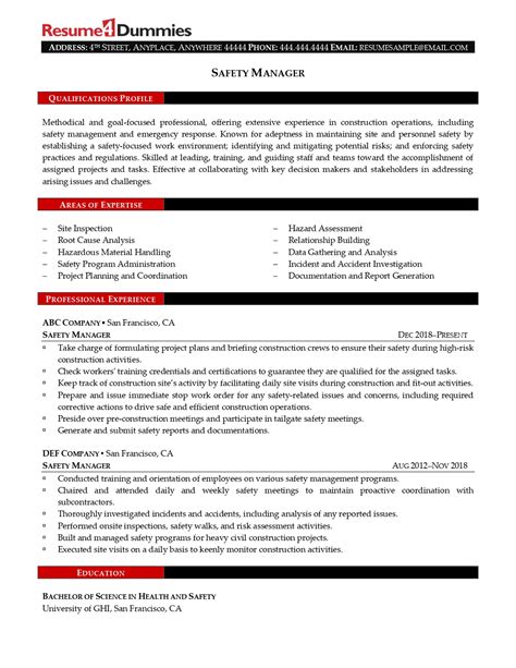 Safety Manager Resume Template