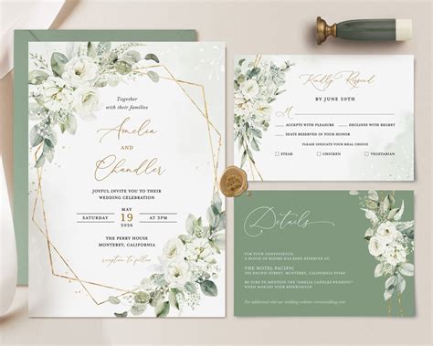 Sage Green Wedding Invitation with Floral Pattern