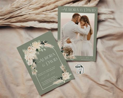 Sage Green Wedding Invitation with Photo