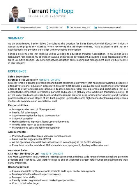 Sales Executive Resume Template Examples Free