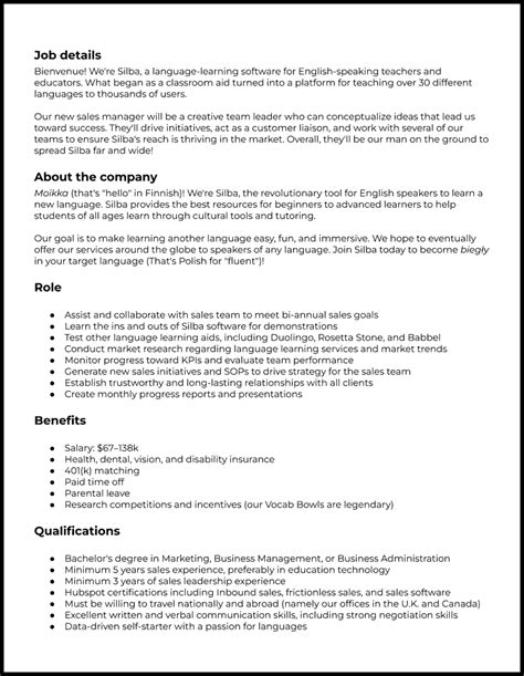 Sales Job Description Template Example DOCX