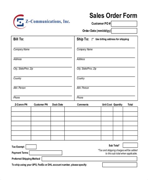 Sales Order Form Template in Excel