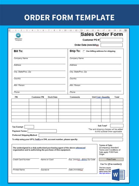 Sales order form template example