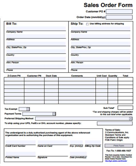 Sales Order Form with Shipping Information Template