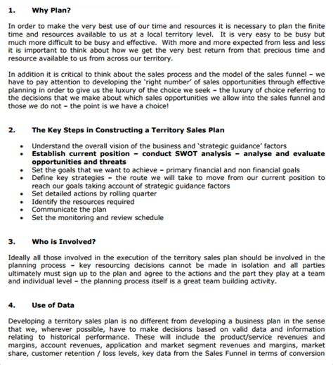 Sample of Sales Territory Plan in Microsoft Word