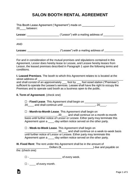 Salon Booth Rental Contract Template Example