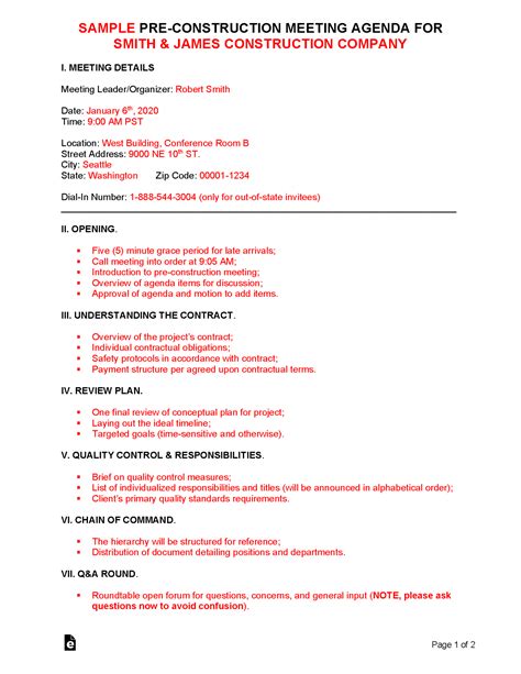 Sample Construction Meeting Agenda