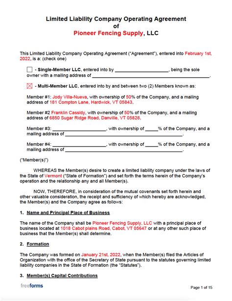 Sample LLC Operating Agreement for Real Estate