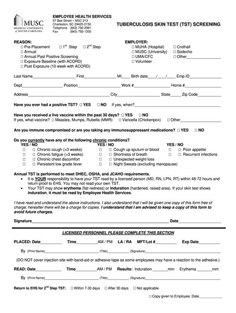 Sample TB Test Form for Employment