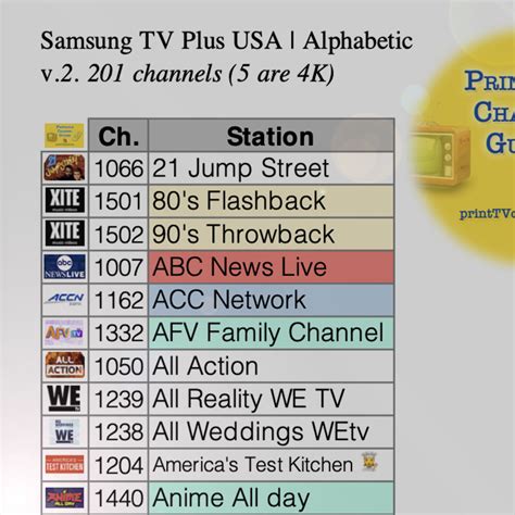 Samsung TV Plus programming schedule printable