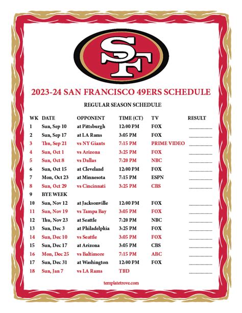 San Francisco 49ers Printable Schedule Template