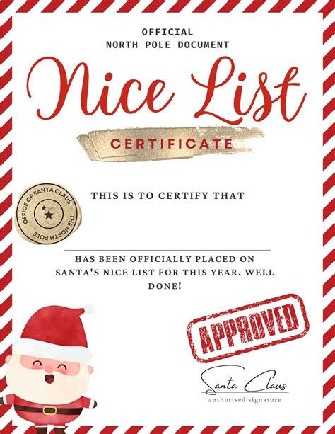 Santa Nice List Certificate Printable