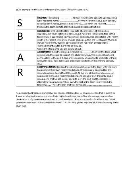 SBAR Template for Clinical Practice