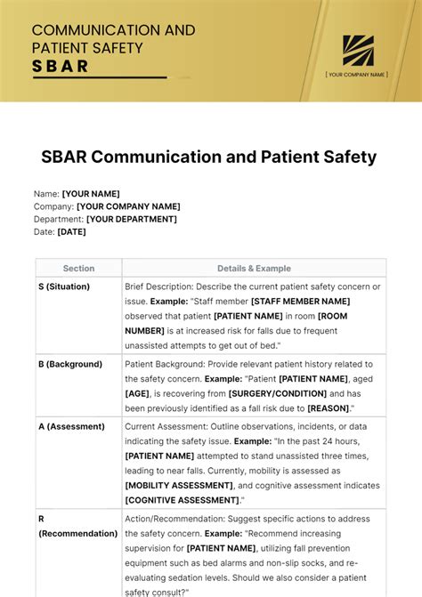 SBAR Template for Patient Safety