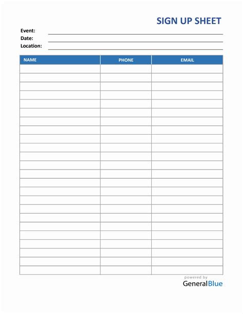 School Event Sign-Up Sheet Template