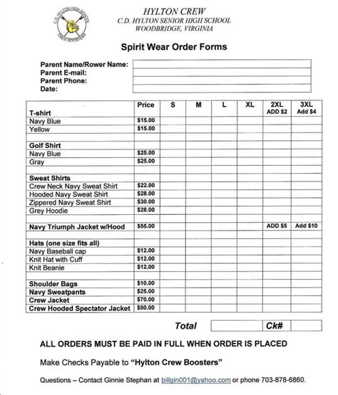 School Order Form Template Excel