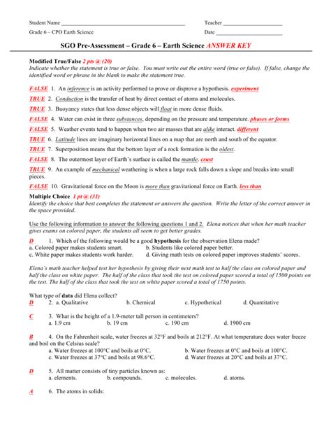 Science Answer Sheet